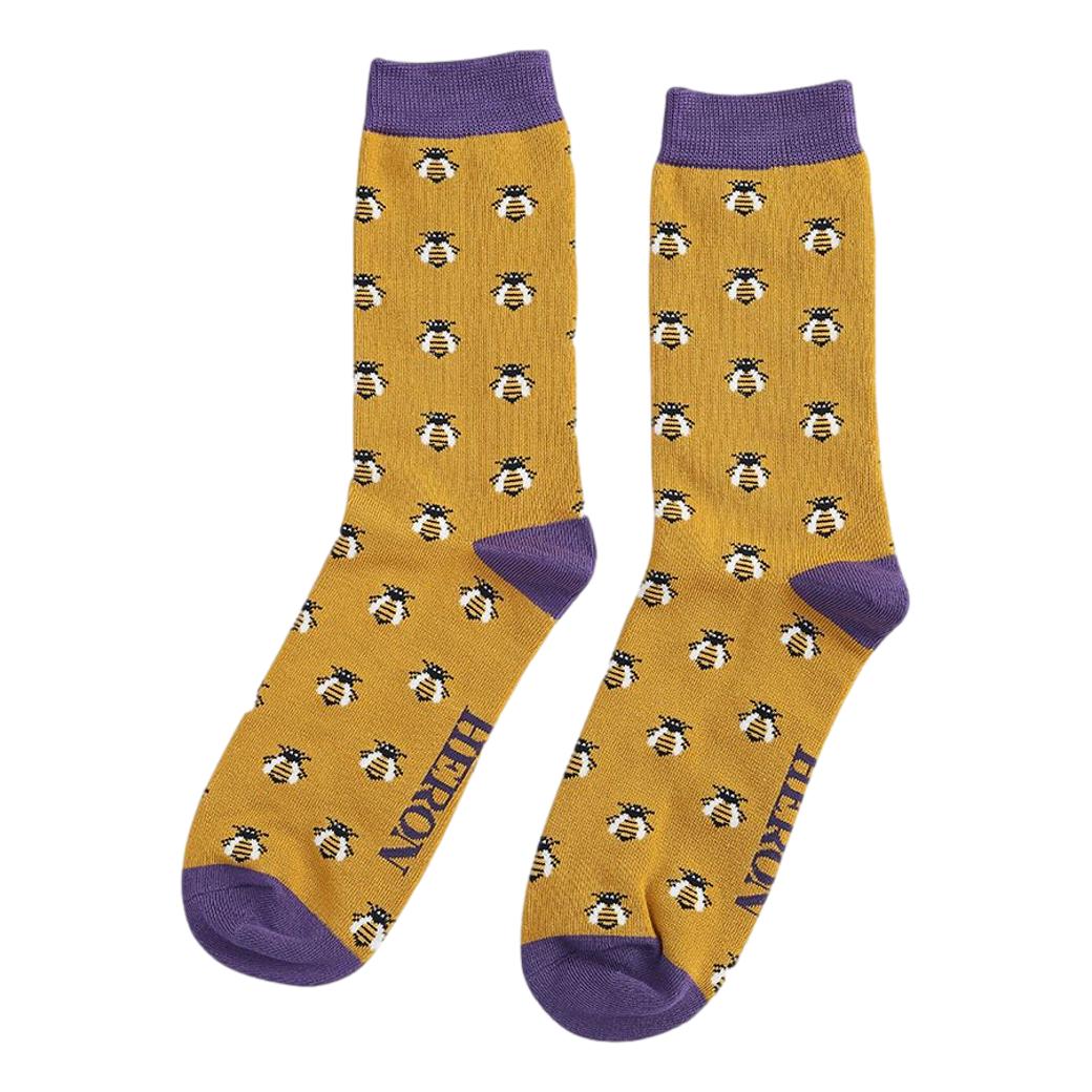 Honey Bees on Mustard Yellow Mens Novelty Ankle Socks Adult One Size image 0