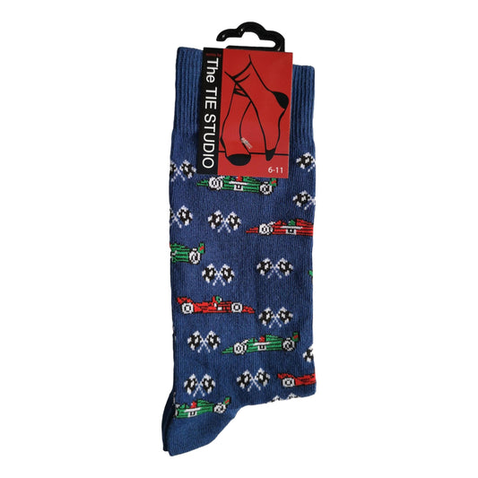 Racing Cars on Blue Unisex Novelty Ankle Socks Adult Size 6-11 image 0