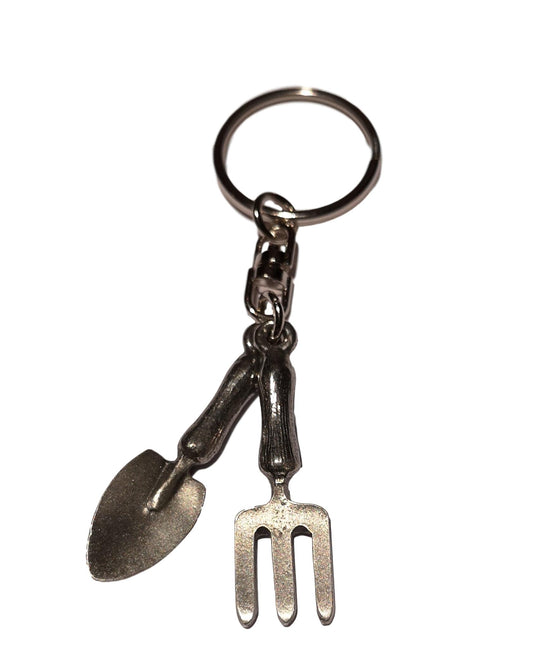 Gardener's Fork and Trowel pewter metal keyring image 0