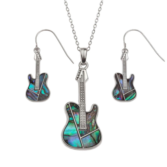 Electric Guitar Paua shell rhodium-plated pendant and earrings set image 0
