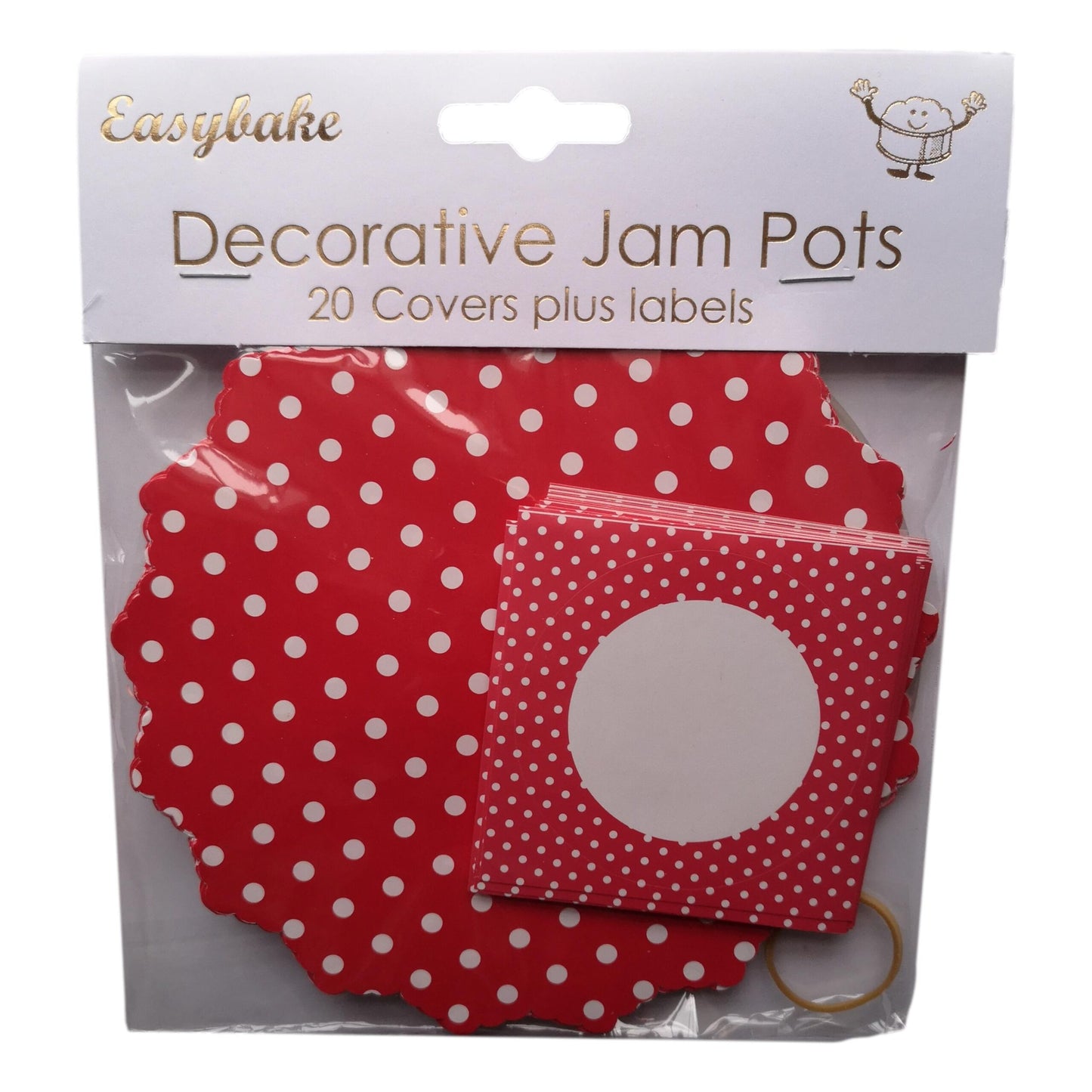 20 White Polka Dots on Red Jam Pot Covers, Wax Discs, Rubber Bands and Self-Adhesive Labels image 0