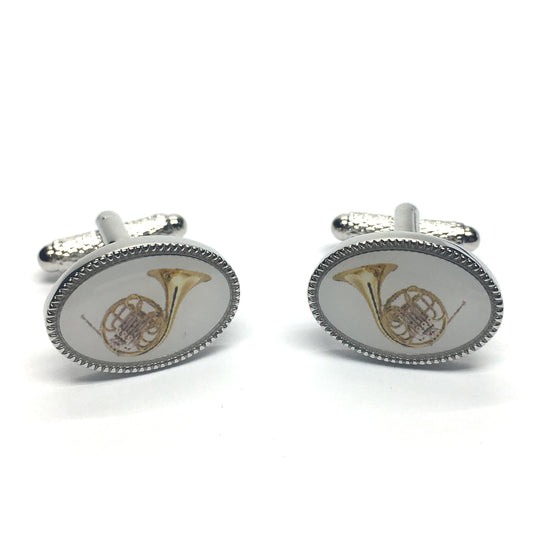 Enamelled French Horn oval silver-plated torpedo cufflinks in padded gift box image 0