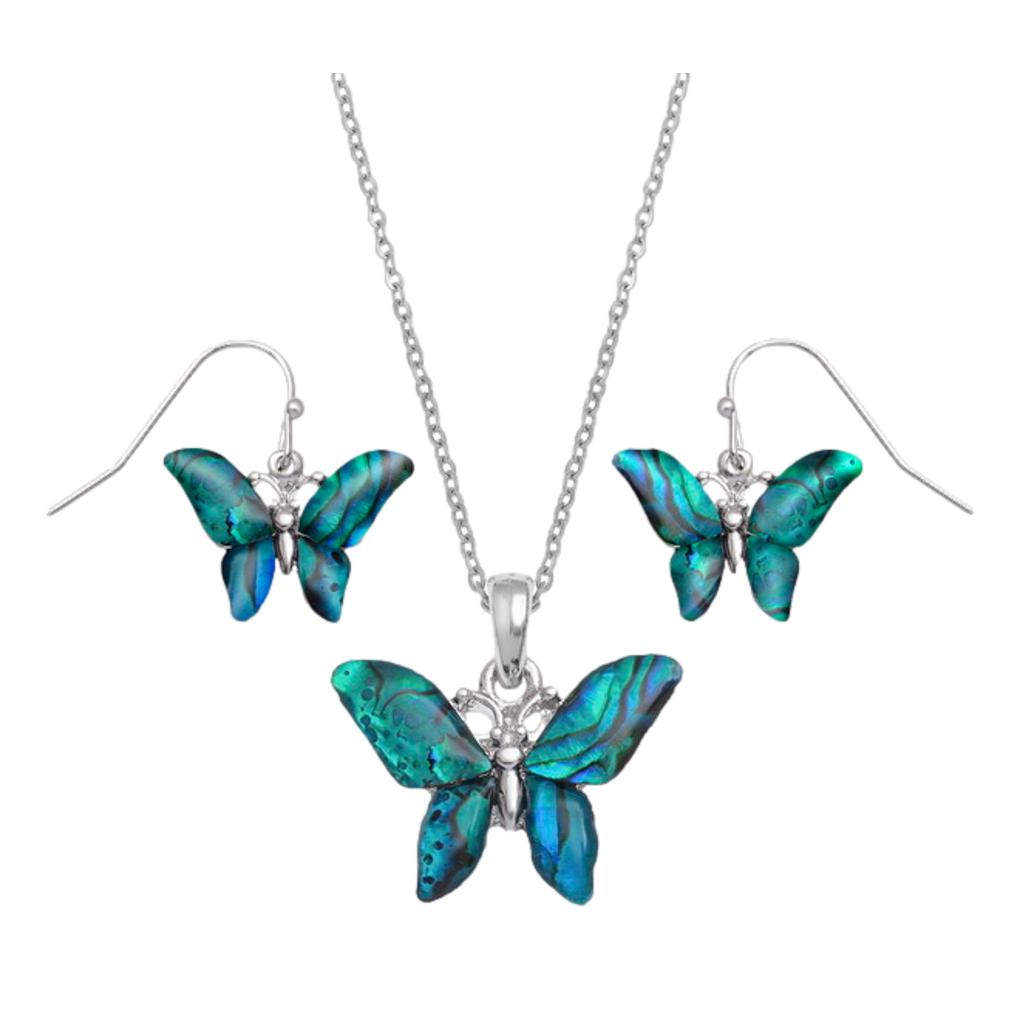 Blue/Green Butterfly Paua shell rhodium-plated pendant and earrings set image 0
