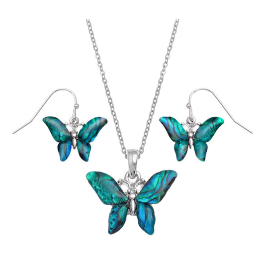 Blue/Green Butterfly Paua shell rhodium-plated pendant and earrings set image 0