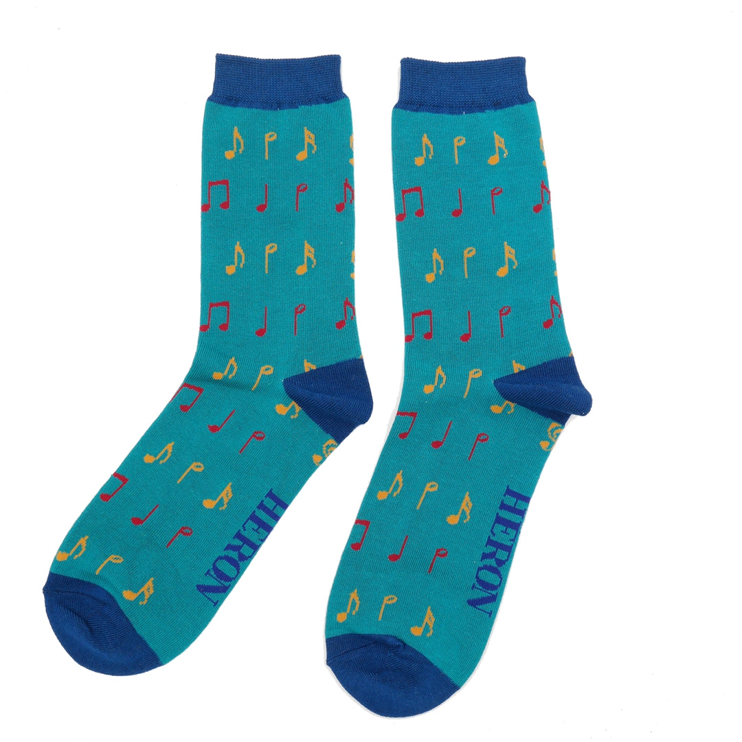 Music Notes on Teal Green Mens Novelty Ankle Socks Adult One Size image 1