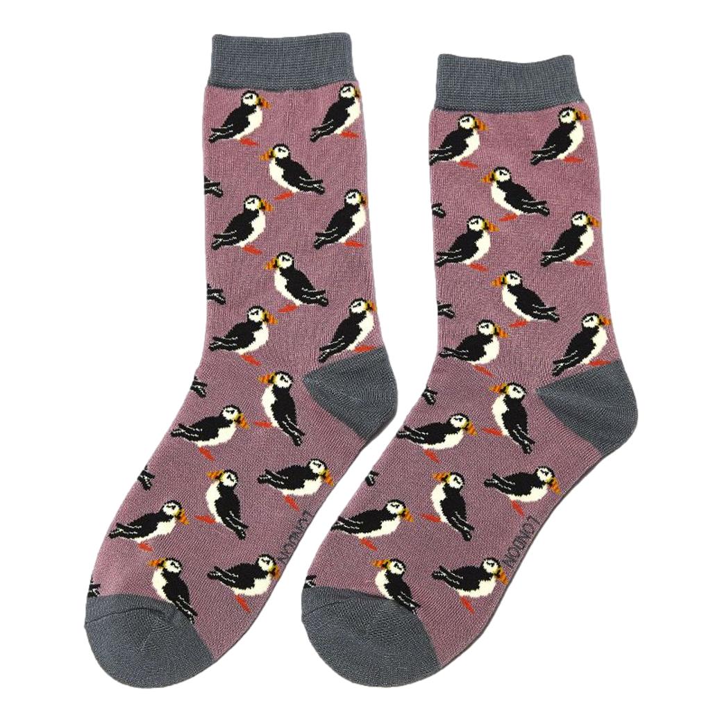 Puffins on Mauve Ladies Novelty Ankle Socks Adult One Size image 0