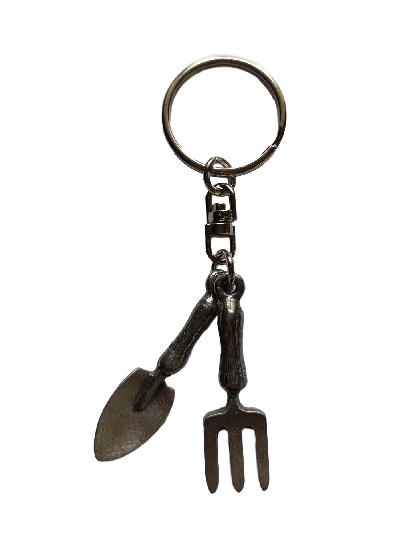 Gardener's Fork and Trowel pewter metal keyring image 1
