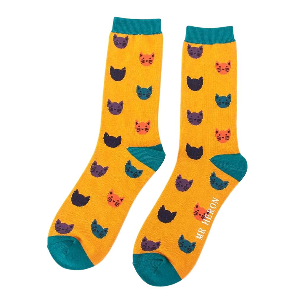 Kitty Cat Faces Mustard Yellow Mens Novelty Ankle Socks Adult One Size image 0
