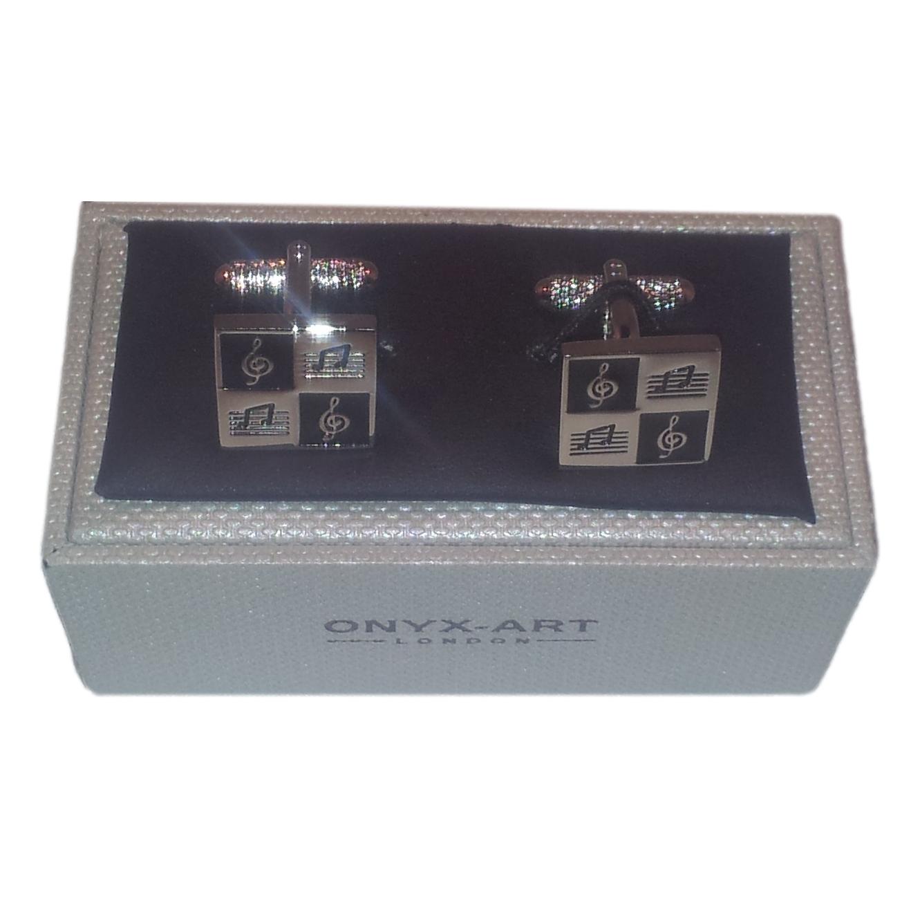 Treble Clef Notes square silver-plated torpedo cufflinks in padded gift box image 1