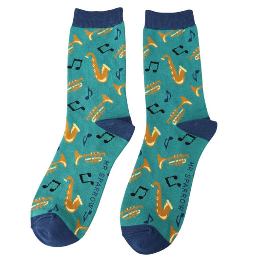 Jazz Instruments and Music Notes on Teal Mens Novelty Ankle Socks Adult One Size image 0