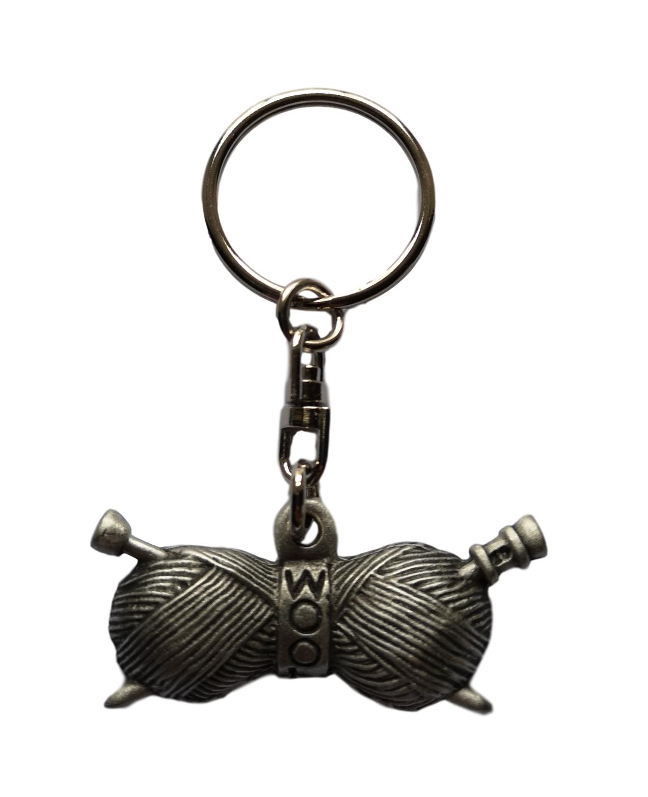 Wool balls and knitting needles pewter metal keyring image 0