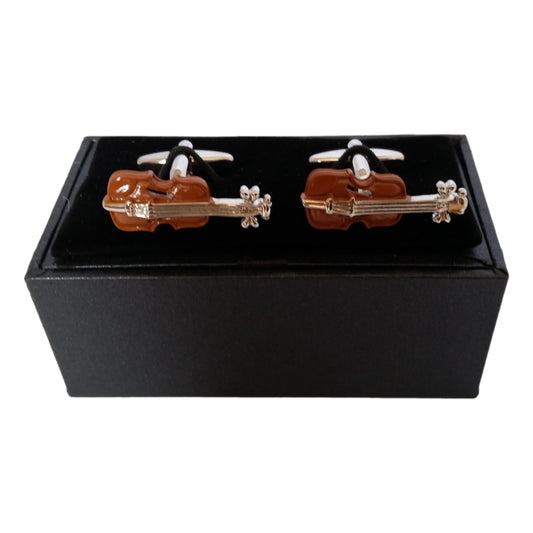 Brown Violin silver-plated torpedo cufflinks in padded gift box image 0
