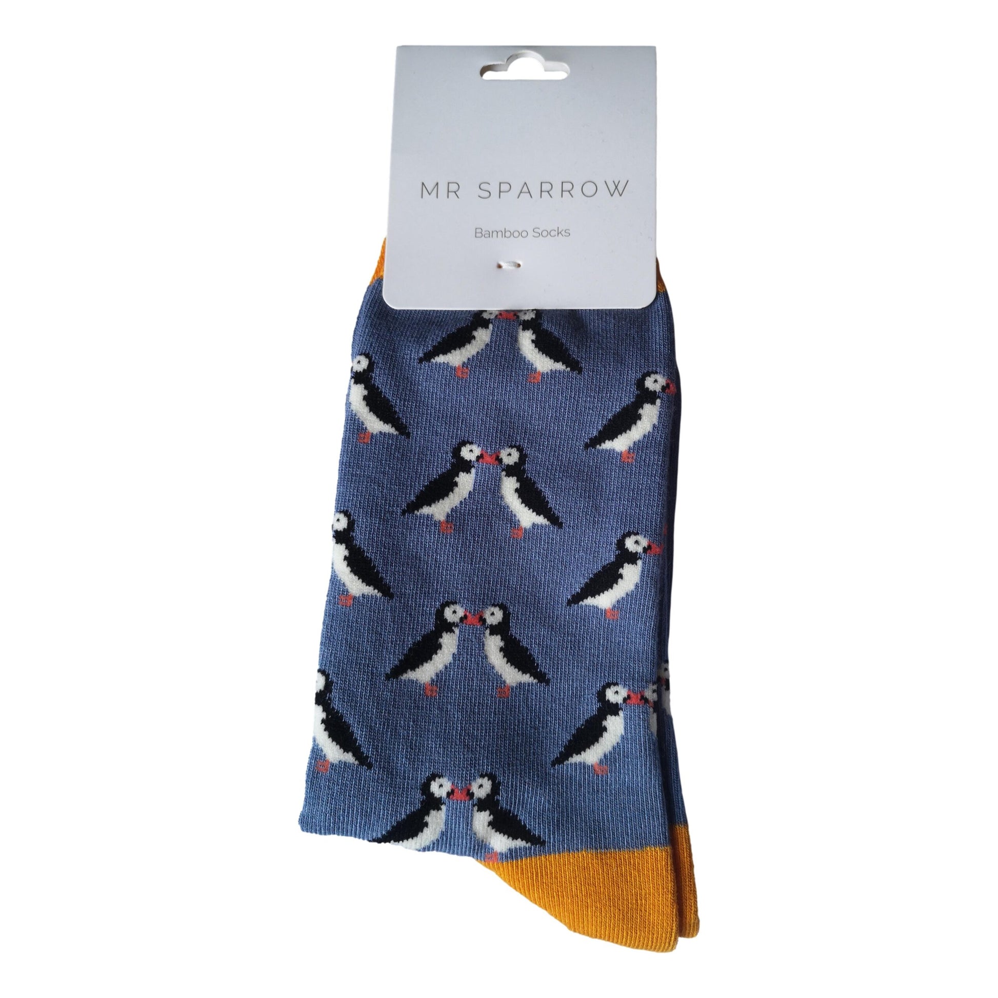Kissing Puffins on Denim Blue Mens Novelty Ankle Socks Adult One Size image 1