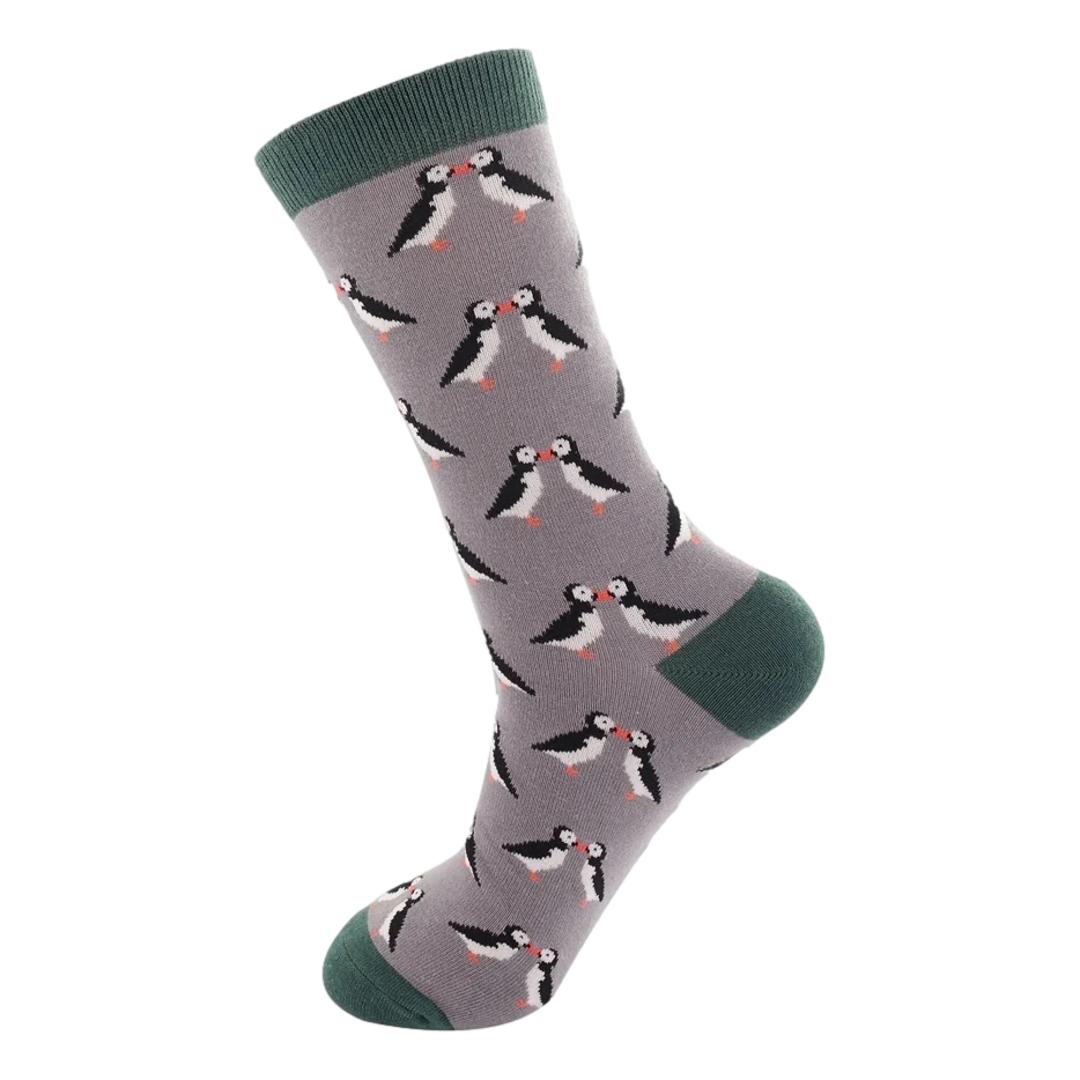 Kissing Puffins on Grey Mens Novelty Ankle Socks Adult One Size image 2