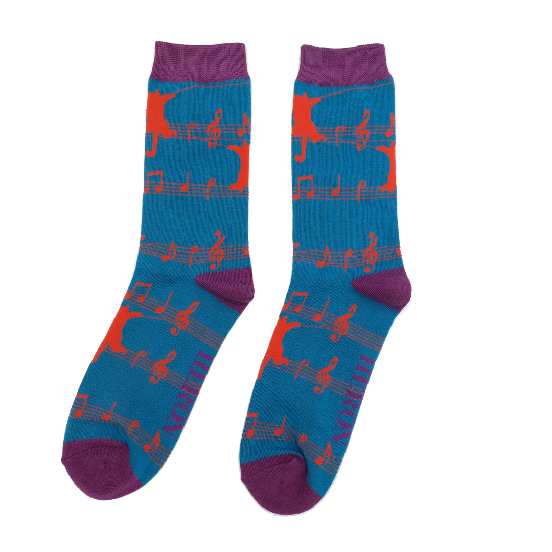 Kitty Cat Music Stave on Teal Blue Mens Novelty Ankle Socks Adult One Size image 1