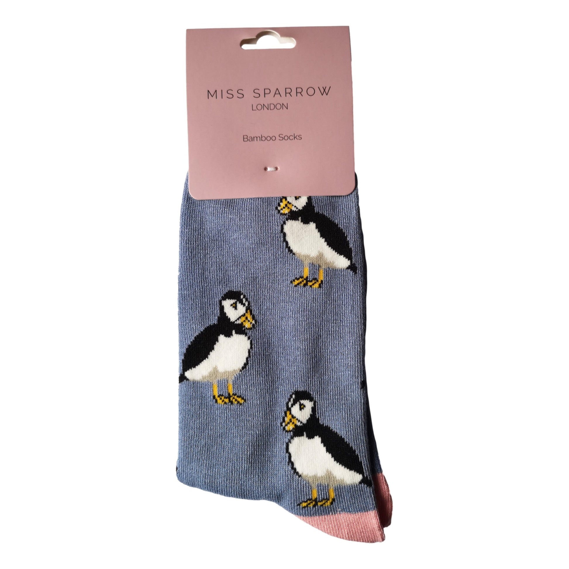 Cute Puffins on Denim Blue Womens Novelty Ankle Socks Adult One Size image 1