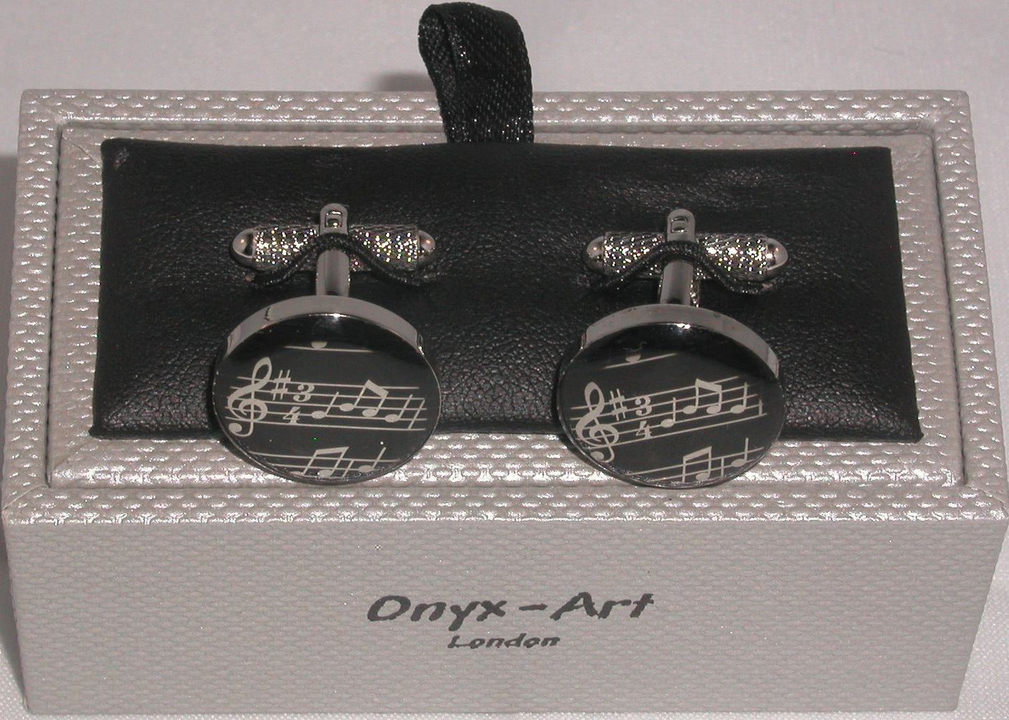 Black Encapsulated Round Music Stave silver-plated torpedo cufflinks in padded gift box image 1