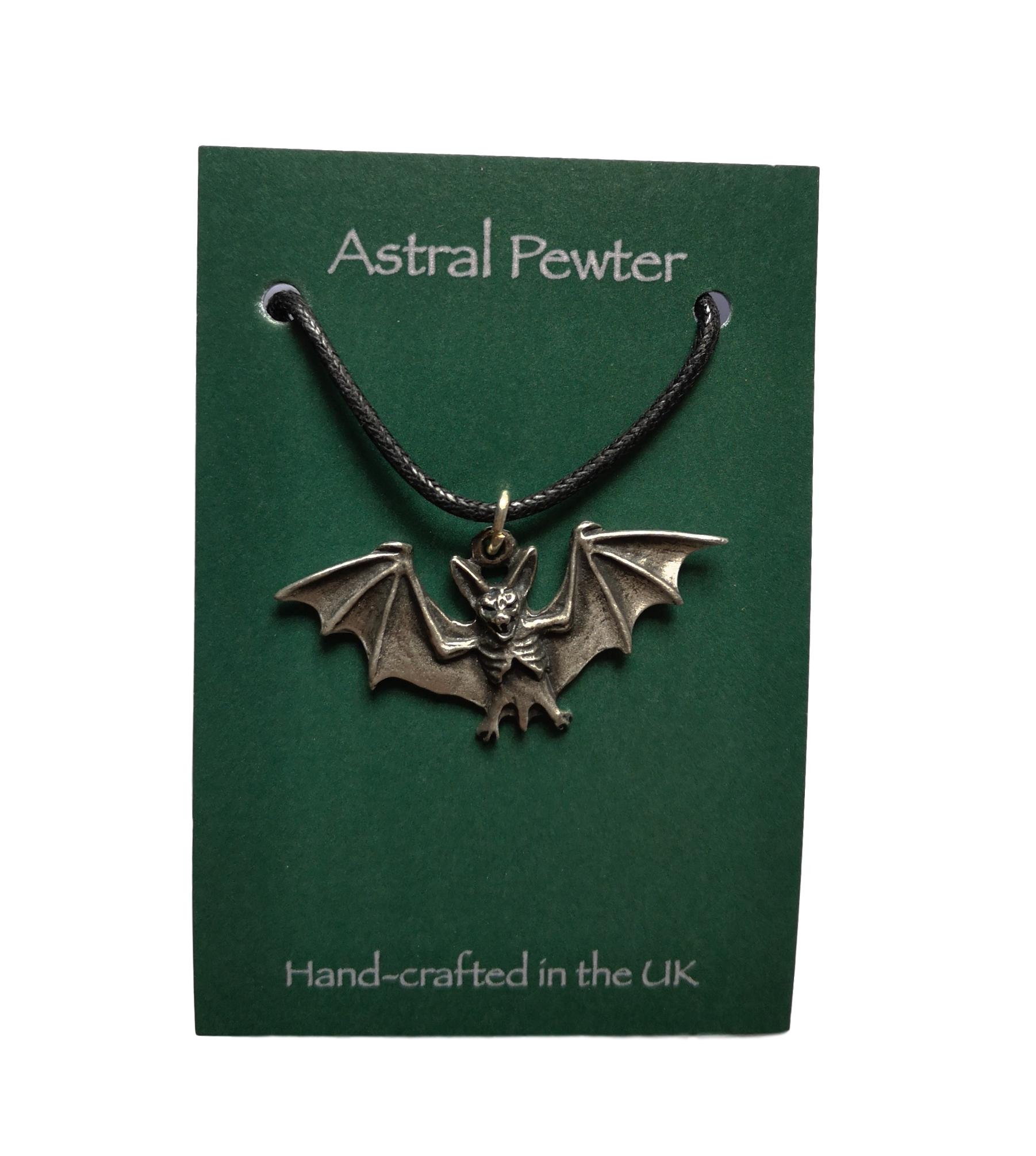 Flying Vampire Bat pewter metal black cord pendant image 1