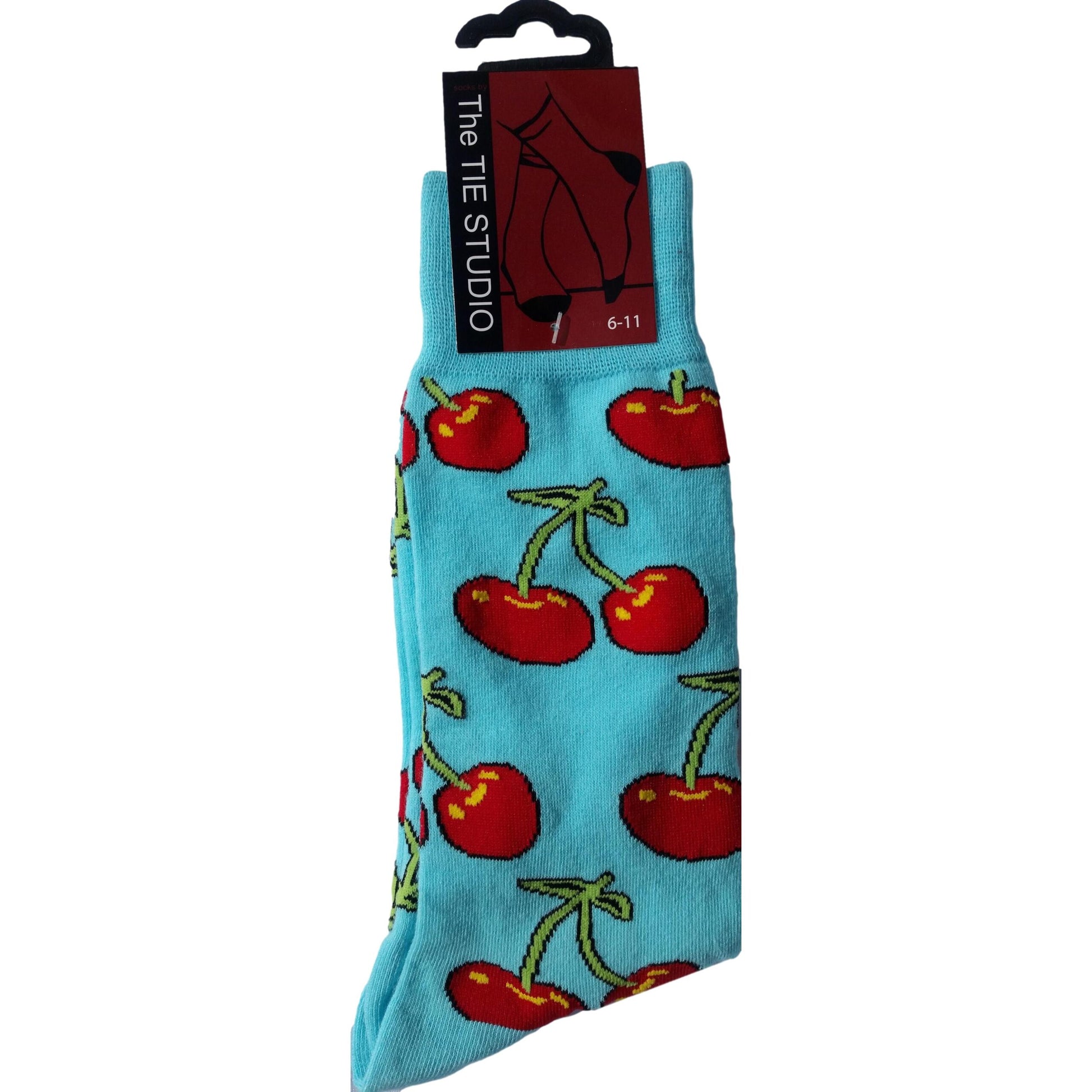 Red Cherries on Pale Blue Unisex Novelty Ankle Socks Adult Size 6-11 image 0