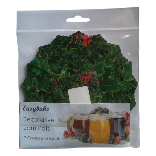 12 Christmas Holly Jam Pot Covers, Wax Discs, Rubber Bands and Self-Adhesive Labels image 0