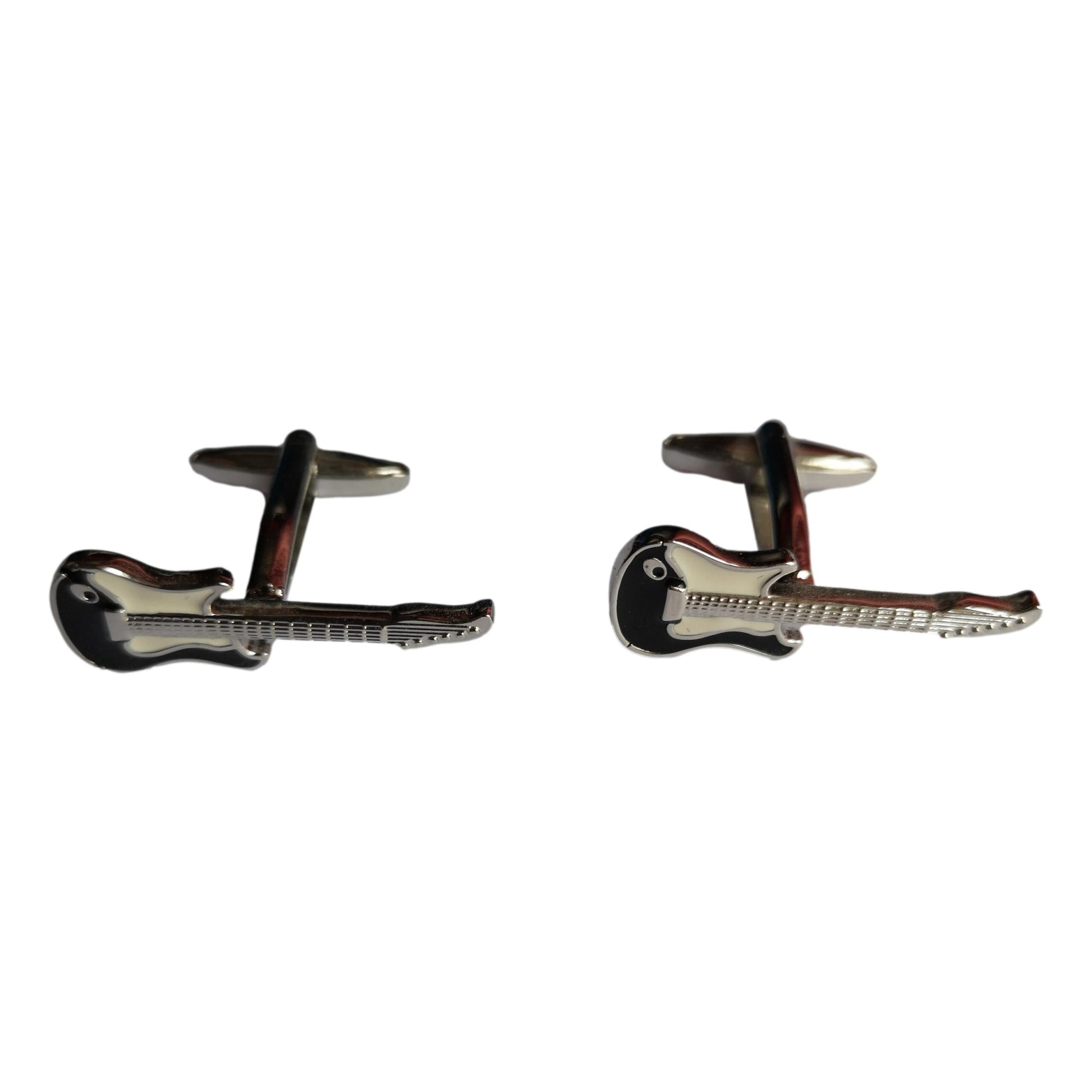 Electric Guitar black enamel silver-plated torpedo cufflinks in padded gift box image 0