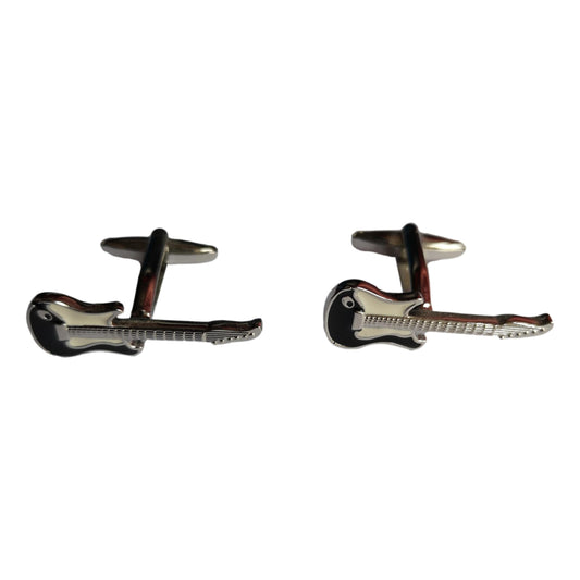Electric Guitar black enamel silver-plated torpedo cufflinks in padded gift box image 0