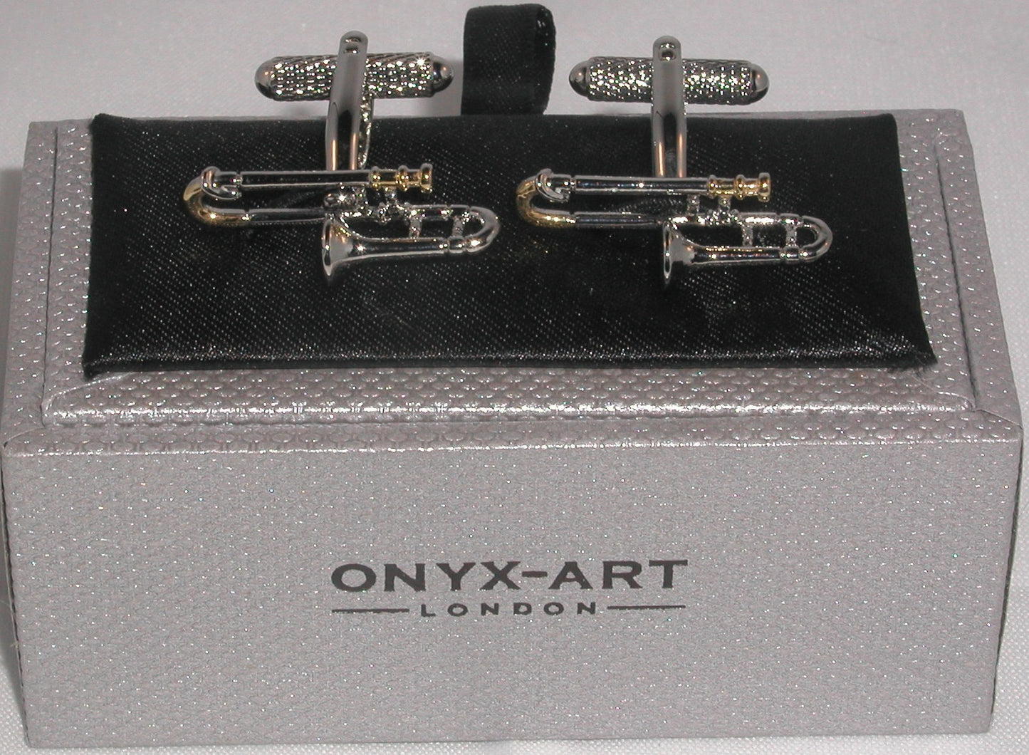 Trombone silver-plated torpedo cufflinks in padded gift box image 1
