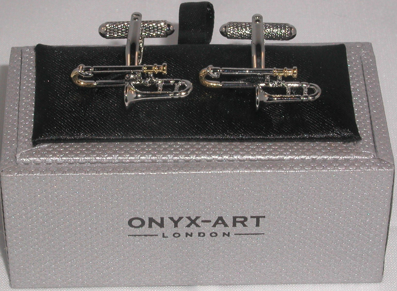 Trombone silver-plated torpedo cufflinks in padded gift box image 1