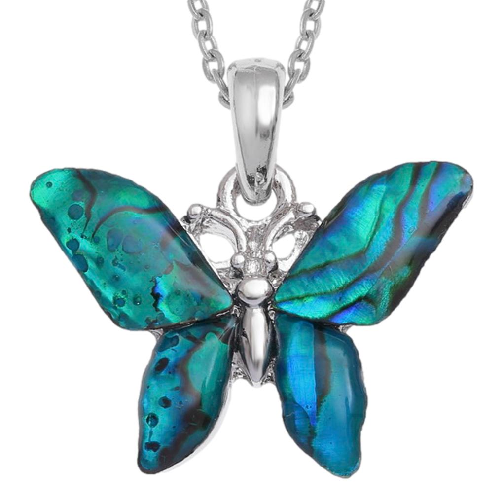 Blue/Green Butterfly Paua shell rhodium-plated pendant and earrings set image 3