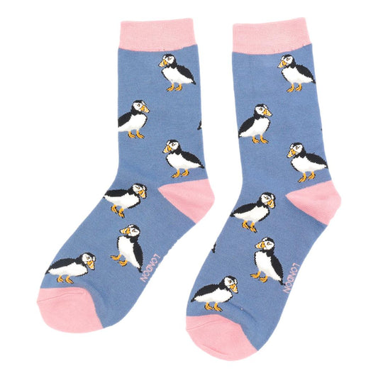 Cute Puffins on Denim Blue Womens Novelty Ankle Socks Adult One Size image 0