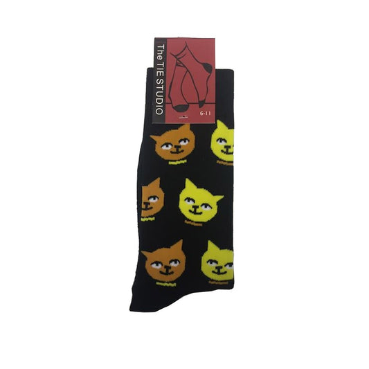 Yellow Orange Happy Cat Faces Unisex Novelty Ankle Socks Adult Size 6-11 image 0