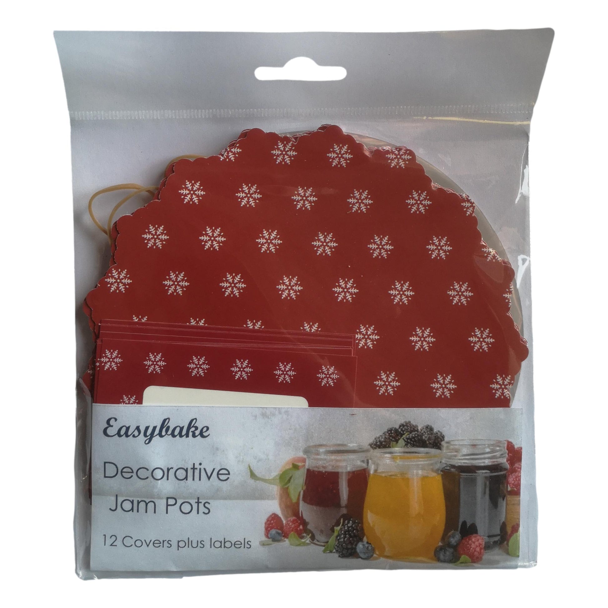 12 Snowflakes on Red Jam Pot Covers, Wax Discs, Rubber Bands and Self-Adhesive Labels image 0