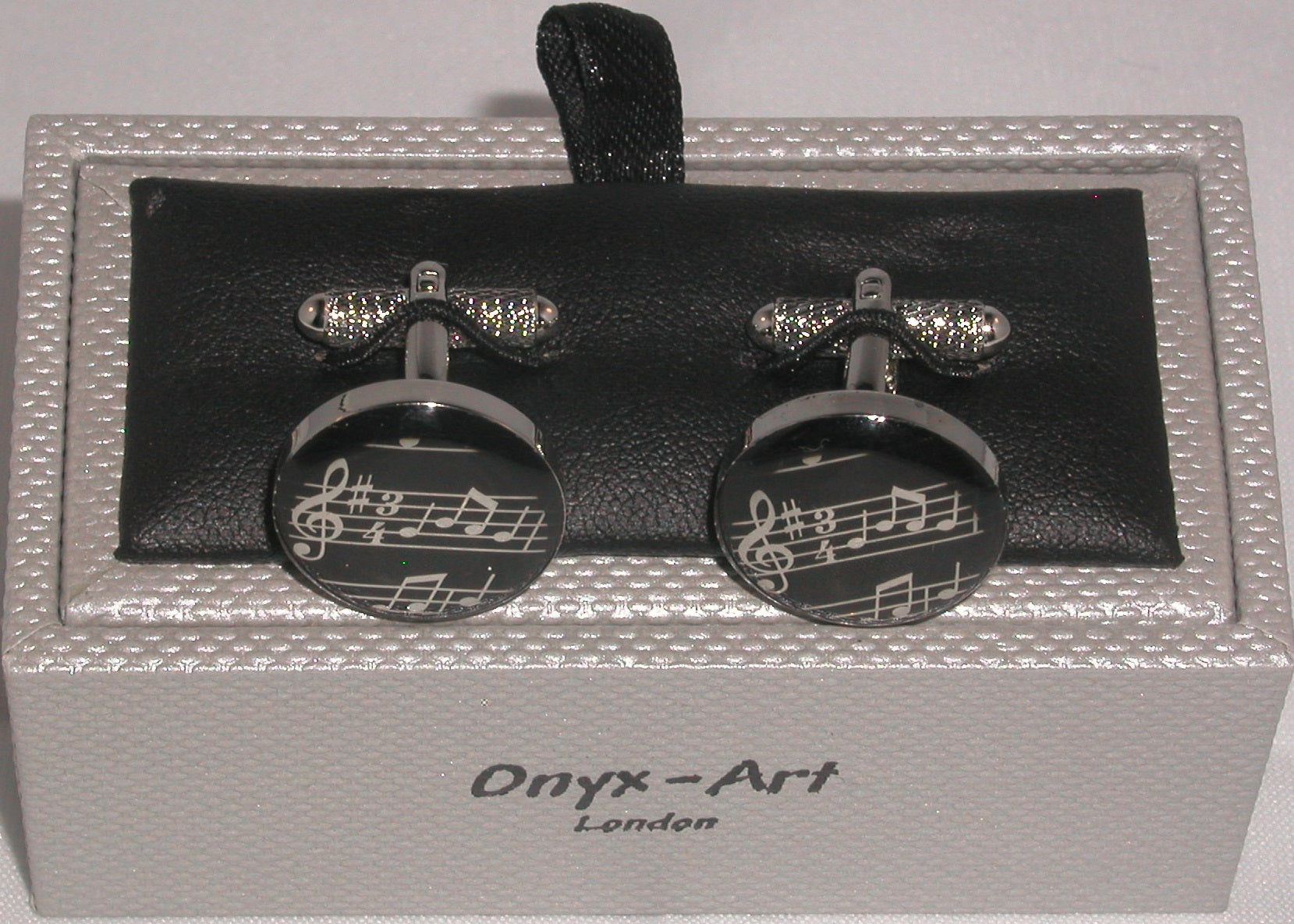 Black Encapsulated Round Music Stave silver-plated torpedo cufflinks in padded gift box image 1