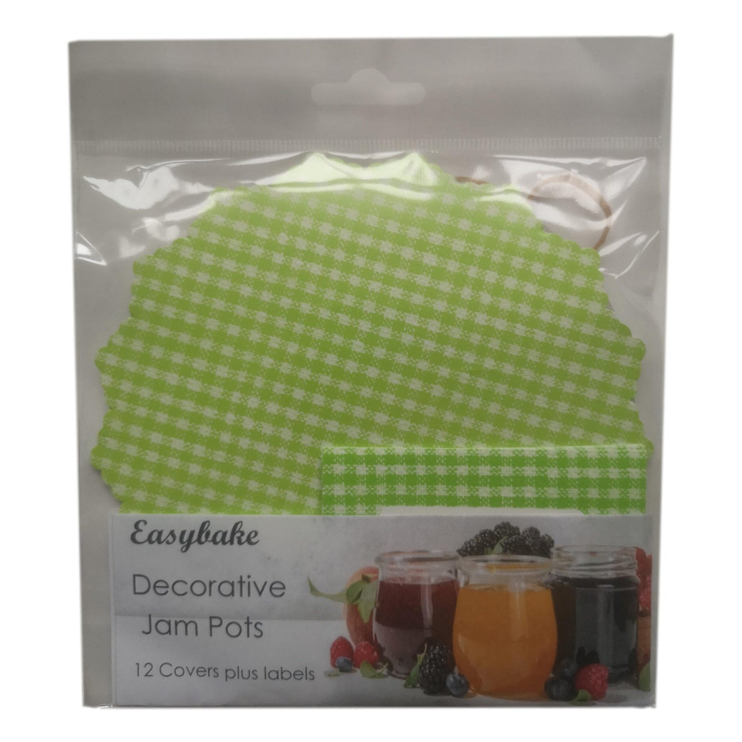 12 Green Gingham Jam Pot Covers, Wax Discs, Rubber Bands and Self-Adhesive Labels image 0