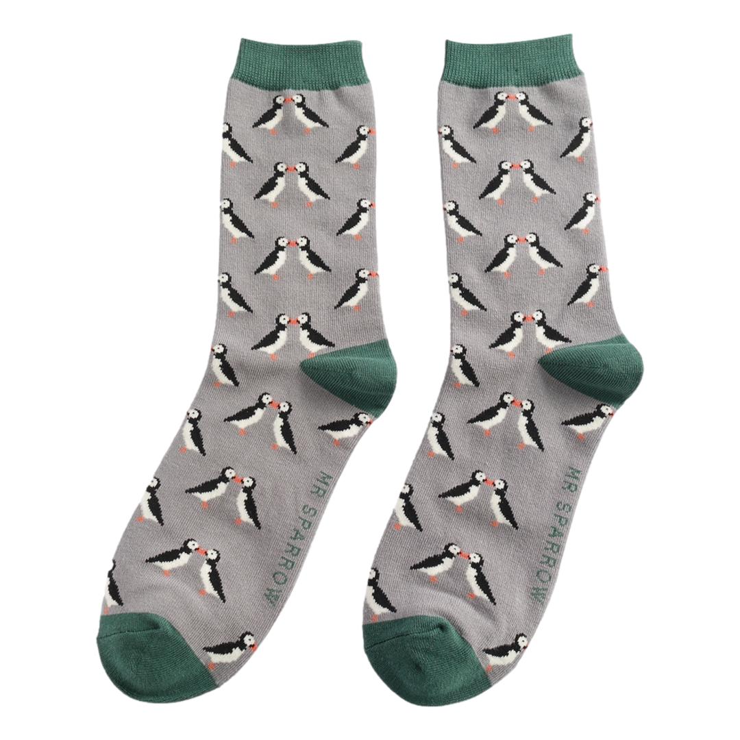 Kissing Puffins on Grey Mens Novelty Ankle Socks Adult One Size image 0