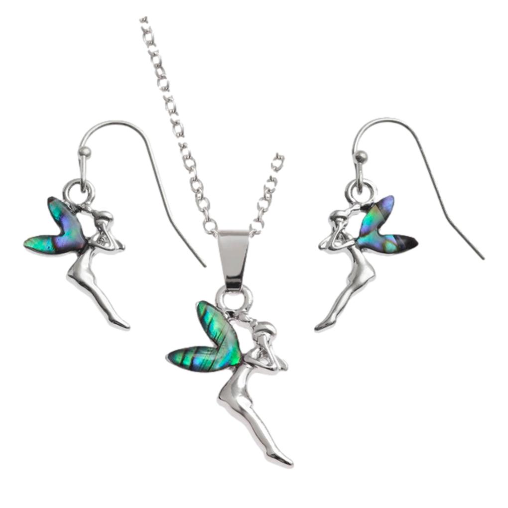 Fairies Paua shell rhodium-plated pendant and earrings set image 0