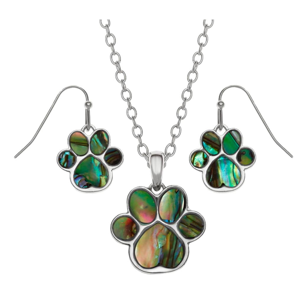 Blue/Green Dog Paw Paua shell rhodium-plated pendant and earrings set image 0