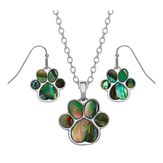 Blue/Green Dog Paw Paua shell rhodium-plated pendant and earrings set image 0
