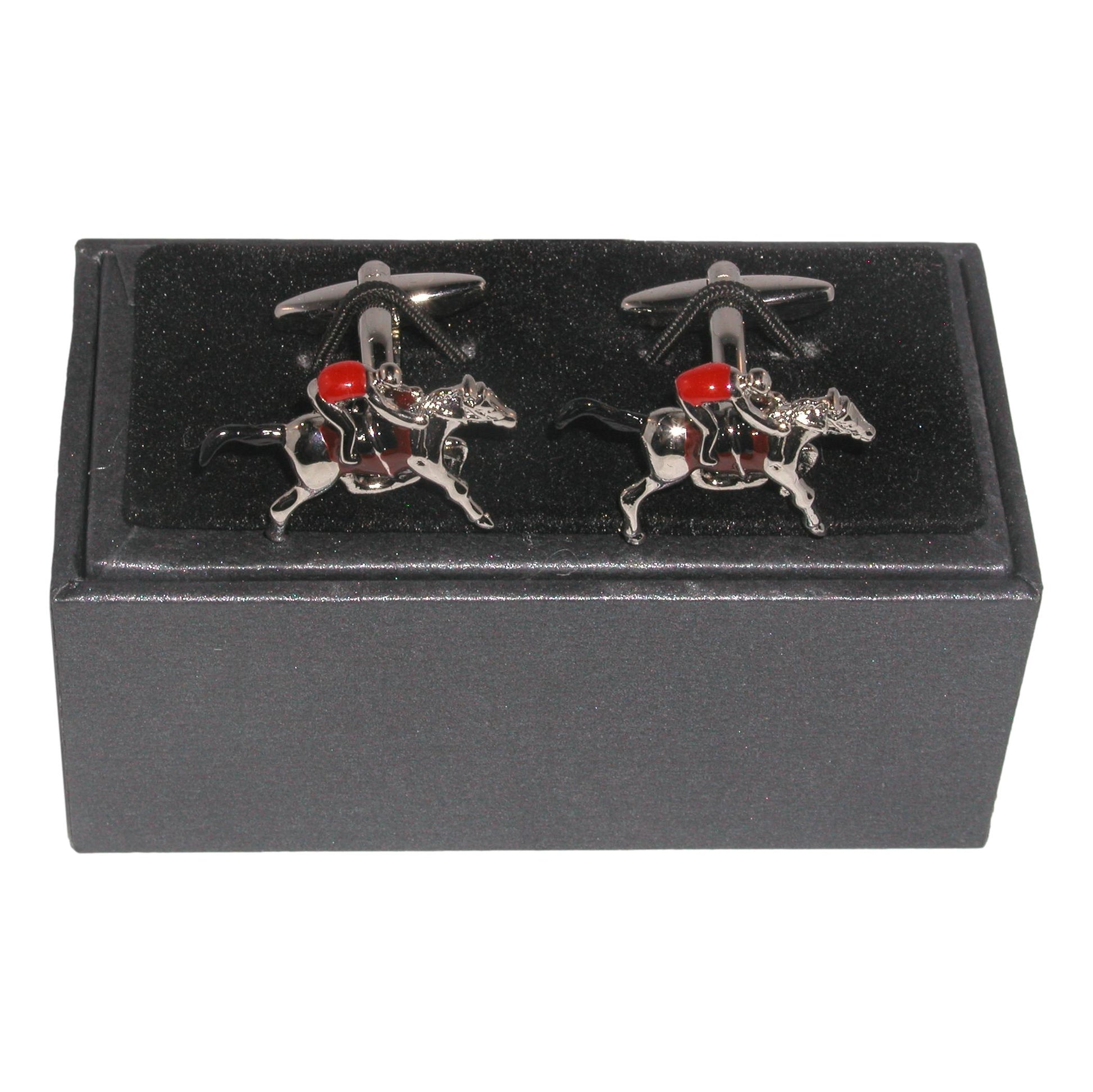 Horse and Jockey style silver-plated torpedo cufflinks in padded gift box image 0