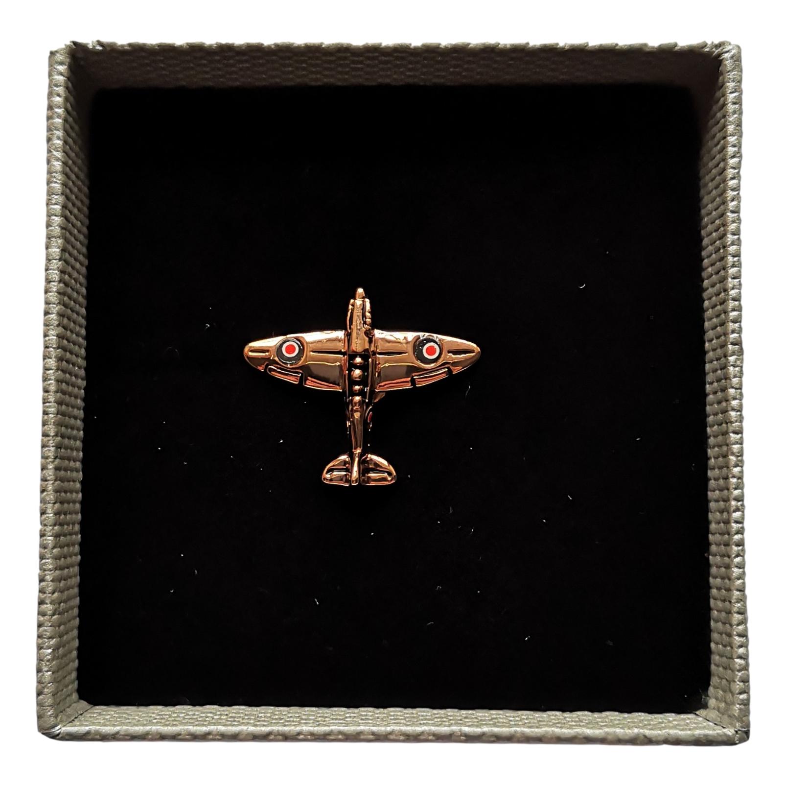 Spitfire Plane rose gold-plated lapel pin in padded gift box image 1