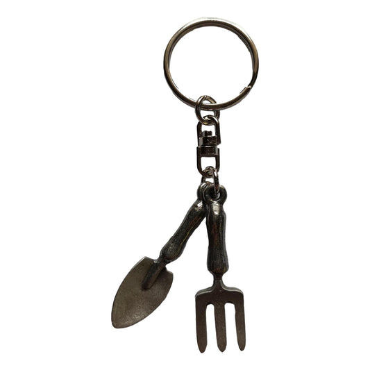 Gardener's Fork and Trowel pewter metal keyring image 0