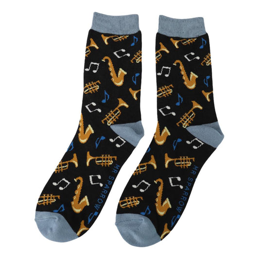 Jazz Instruments and Music Notes on Black Mens Novelty Ankle Socks Adult One Size image 0