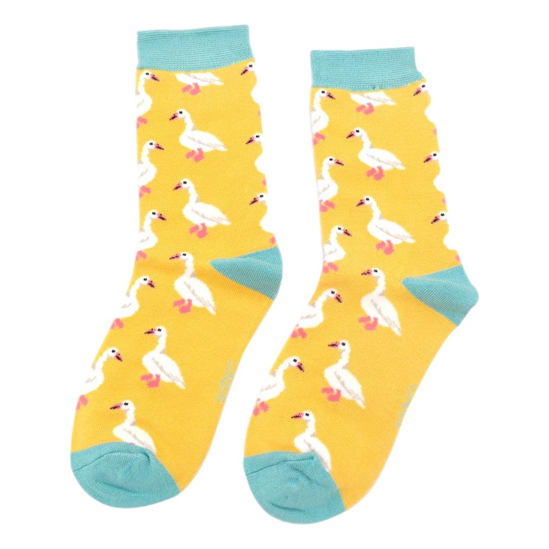 White Ducks on Yellow Ladies Novelty Ankle Socks Adult One Size image 0