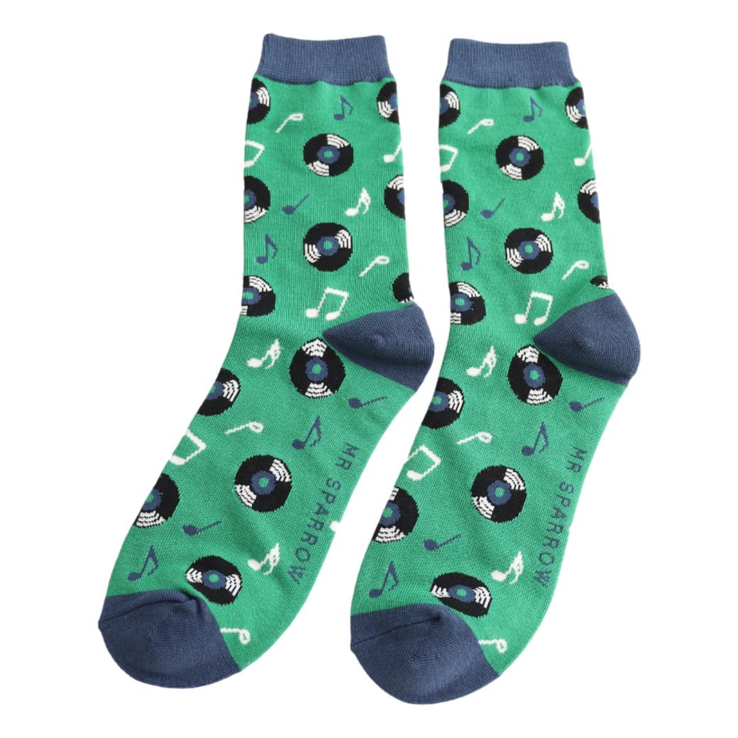 Vinyl Records on Green Mens Novelty Ankle Socks Adult One Size image 0