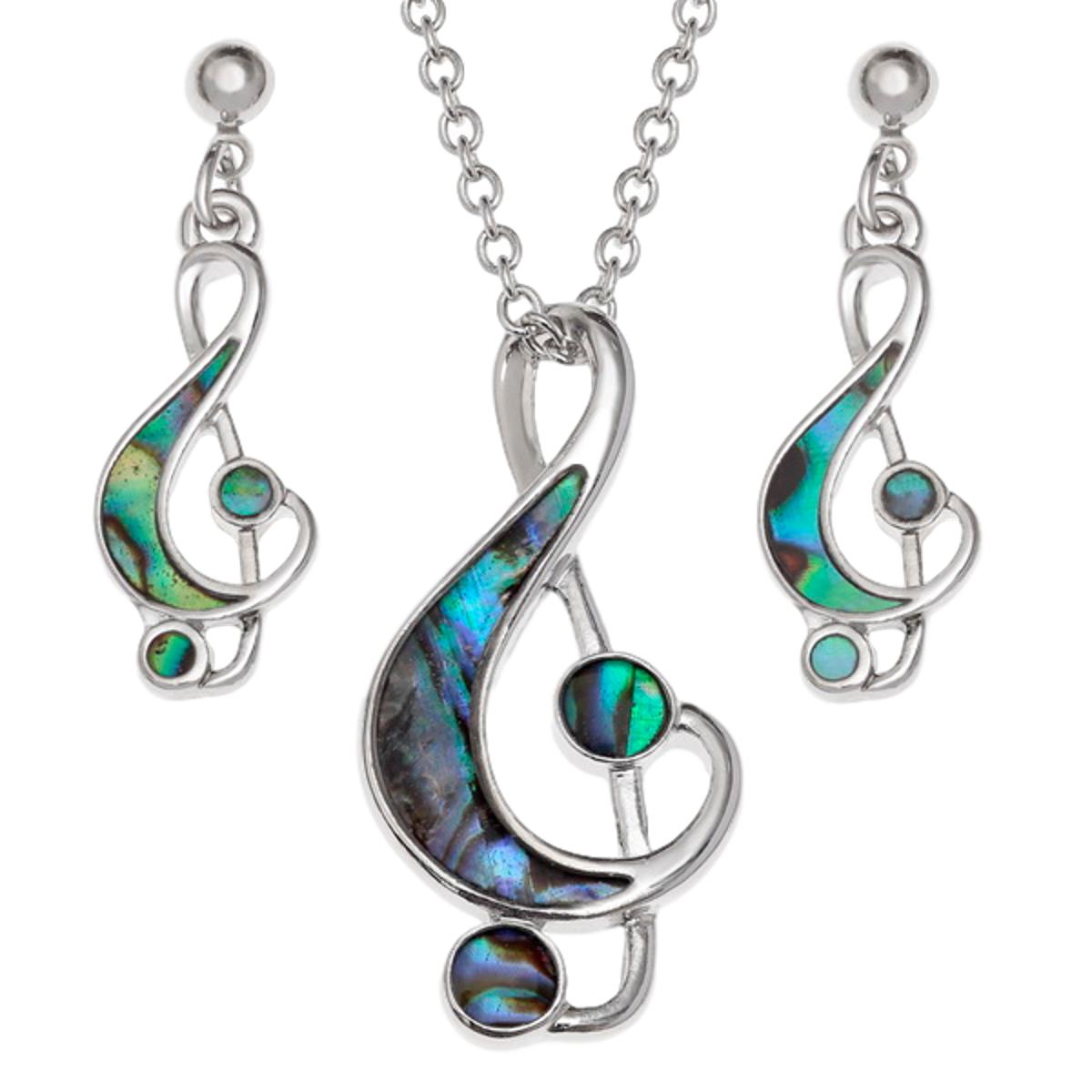Treble Clef Paua shell rhodium-plated pendant and earrings set image 0