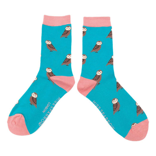 Cute Owls on Turquoise Womens Novelty Ankle Socks Adult One Size image 0