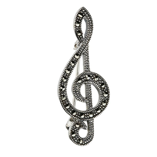 Treble Clef sterling silver marcasite crystal pin brooch image 0