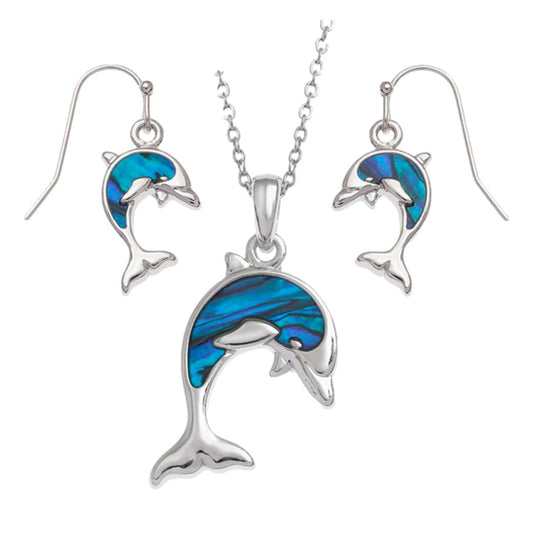 Blue/Green Dolphin Paua shell rhodium-plated pendant and earrings set image 0