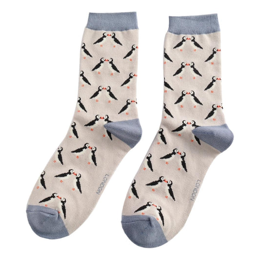 Kissing Puffins on Silver Womens Novelty Ankle Socks Adult One Size image 0