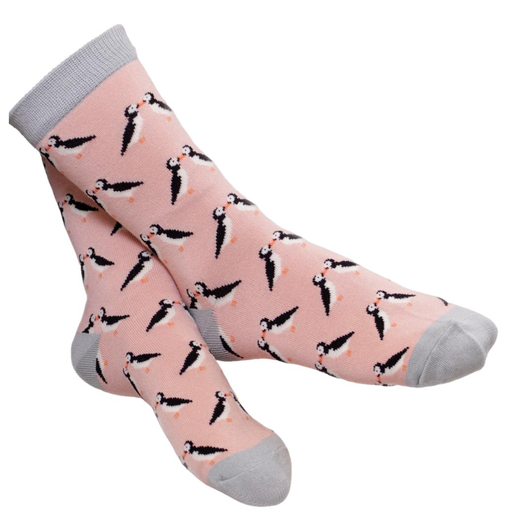 Kissing Puffins on Dusky Pink Womens Novelty Ankle Socks Adult One Size image 1